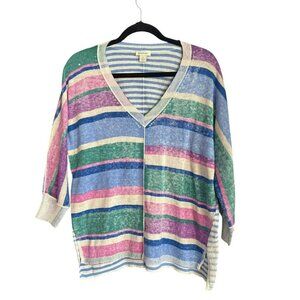 Sundance Johanna Striped Sweater Small Multicolor Cotton Knit V-Neck Boho Dolman